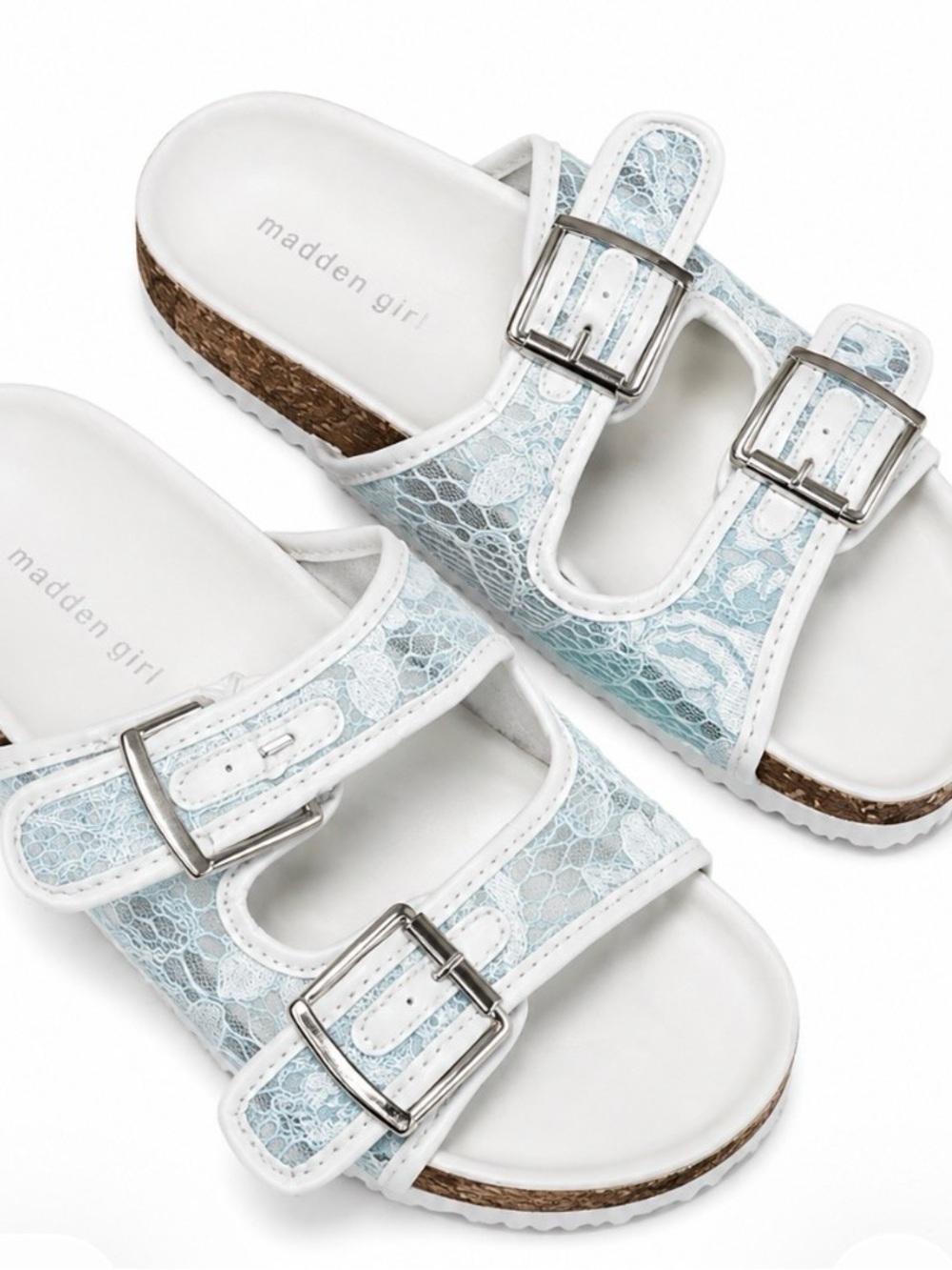 Madden Girl Pale blue/white Lace Double-Buckle Slide Sandals SZ 6.5